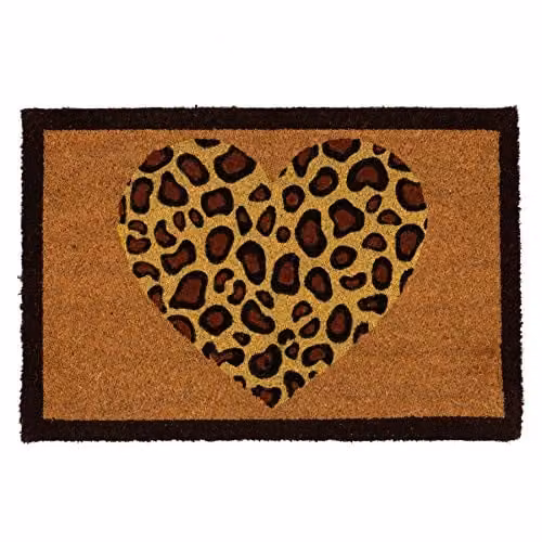 Nicola Spring Leopard Heart Coir Door Mat, Multicolour and Brown, W: 60 cm, D: 40 cm