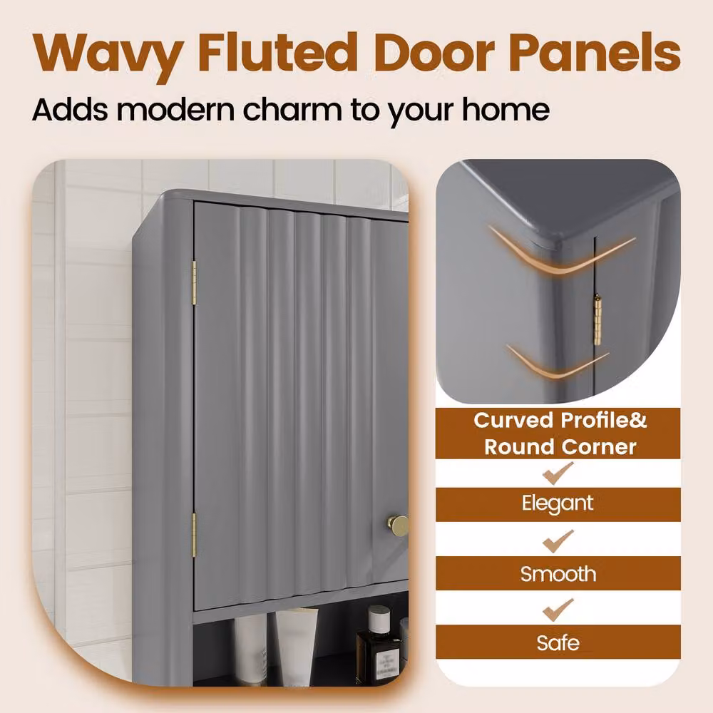 Costway Modern Fluted Double Door Bathroom Wall Cabinet in Grey Matt – 8