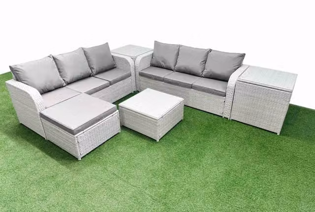 Fimous 7 Seater Grey Wicker Rattan Garden Furniture Set with Square Coffee Table, High Back Lounge Sofa, Footstool and 2 Side Chairs