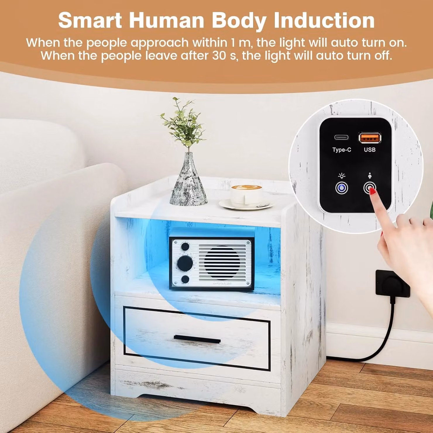 Gymax Modern White LED Smart Bedside Table with Integrated Lighting and Drawer – 2