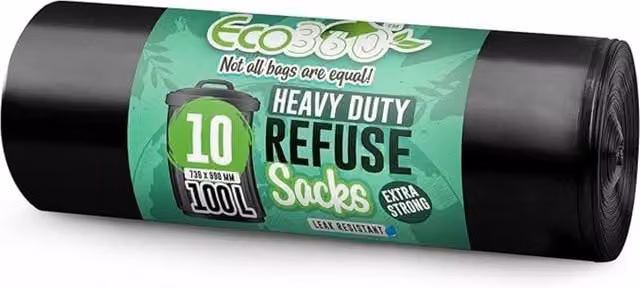 Ecobag Heavy Duty Refuse Sacks, 100L, Black, 10 Pack