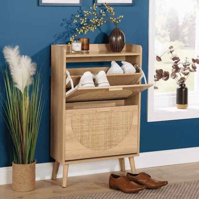 Home Source 2 Door Rattan Shoe Storage Cabinet in Sand