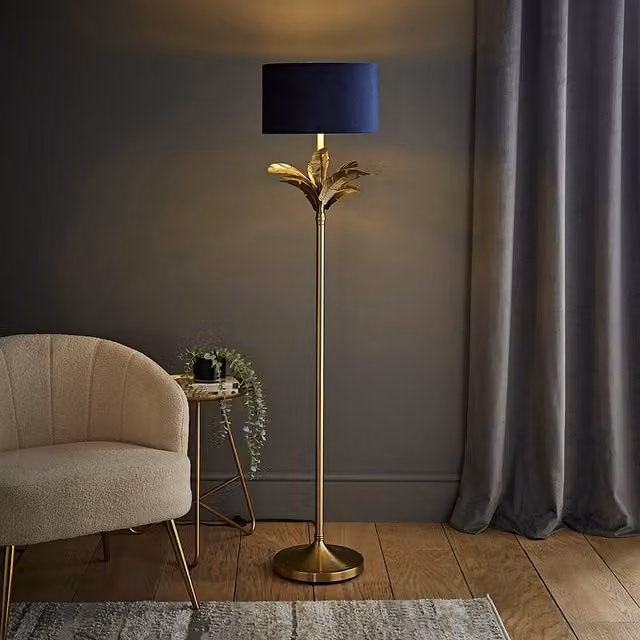 ValueLights Christina Palm Leaf Floor Lamp with Blue Fabric and Gold/Brass Metal Shade including LED Bulb
