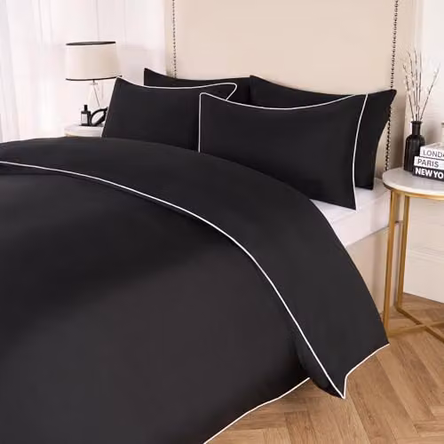 OHS King Size Piped Edge Duvet Cover Set with 2 Pillowcases, White and Black Microfibre Bedding – 2