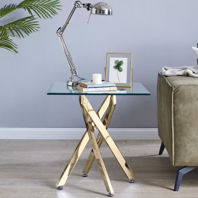 FurnitureboxUK Leonardo Square Glass Side Table with Metal X-Frame Legs in Gold – 1