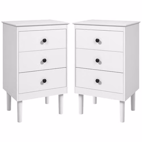 HOMCOM Set of 2 White Bedside Tables with 3 Drawers W/D/H: 40 x 30 x 64 cm