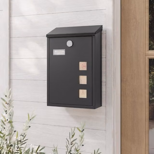 The Bazaarist Wall Mounted Locking Steel Mailbox with Viewing Window, Black, W/D/H: 39.5 x 25.5 x 11.5 cm
