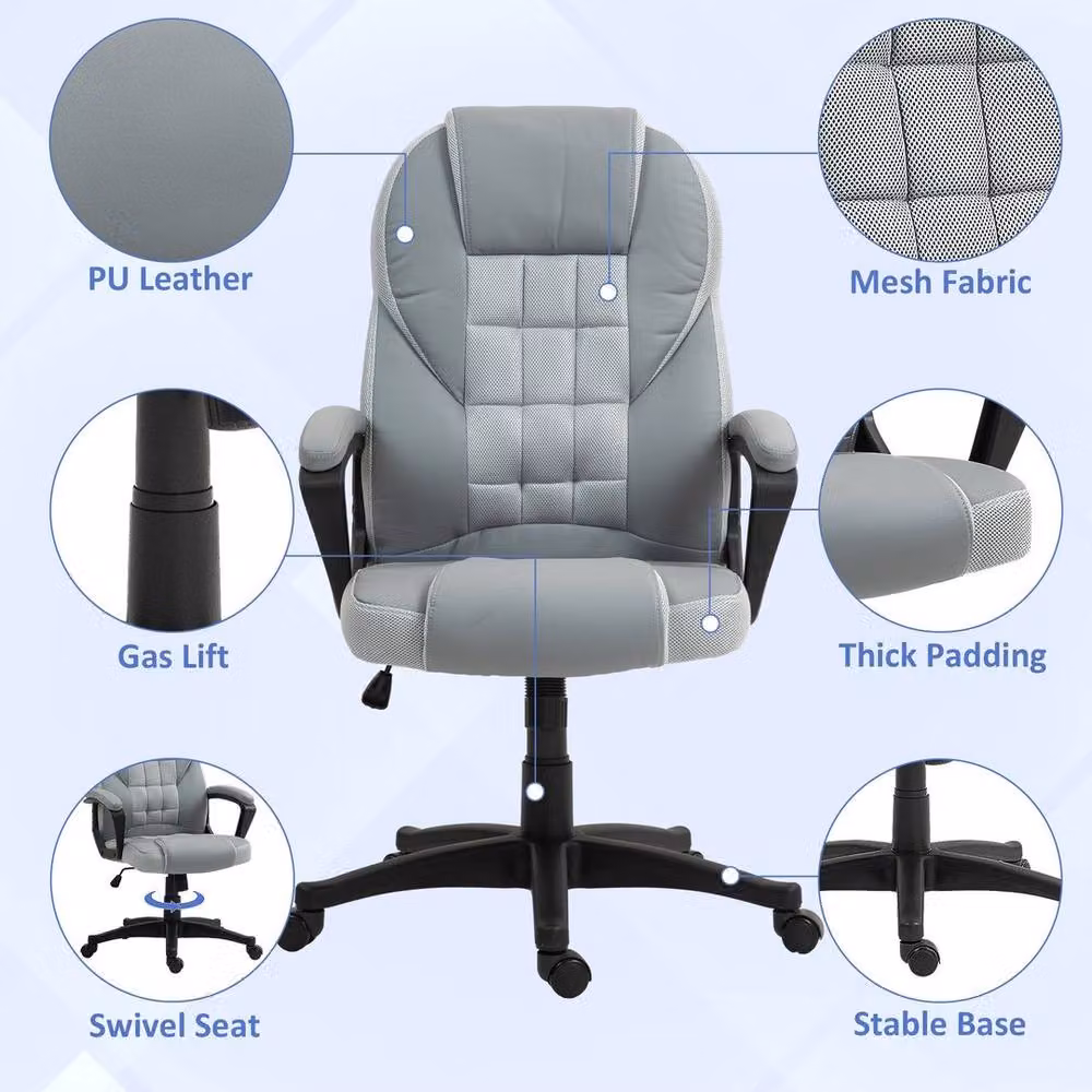 KORVIXA Grey Synthetic Leather High Back Executive Office Chair with Headrest and Armrests – 3