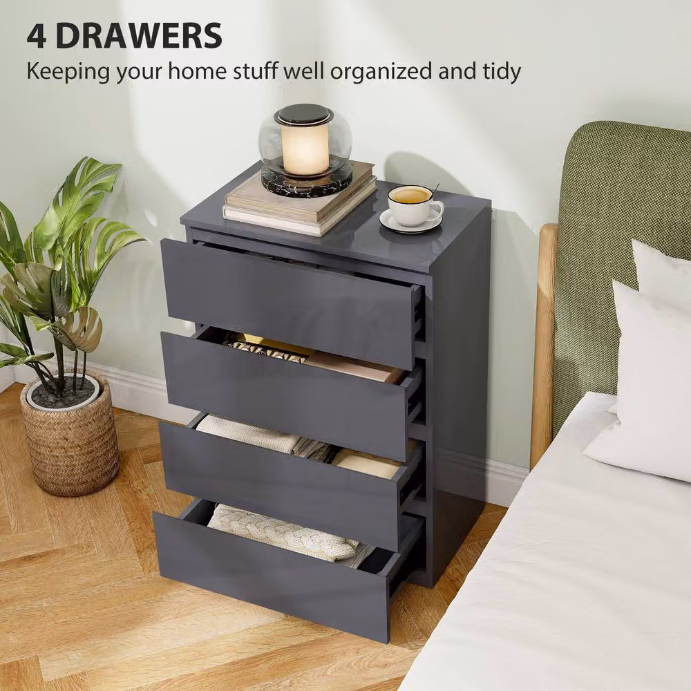 HOMCOM Grey High Gloss 4 Drawer Bedroom Chest of Drawers with Soft Close Drawers – 4