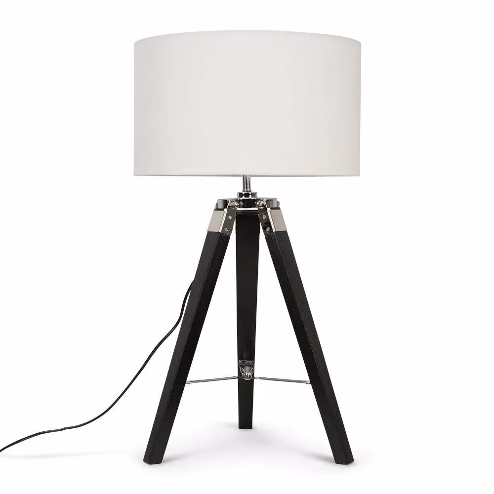 ValueLights Clipper Black Wood Tripod Table Lamp with White Fabric Cylinder Shade – 2