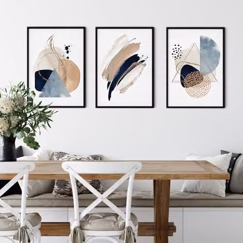 ARTZE Set of 3 Abstract Blue and Beige Geometric Wall Art with Black Frames, W: 33 cm, H: 45 cm