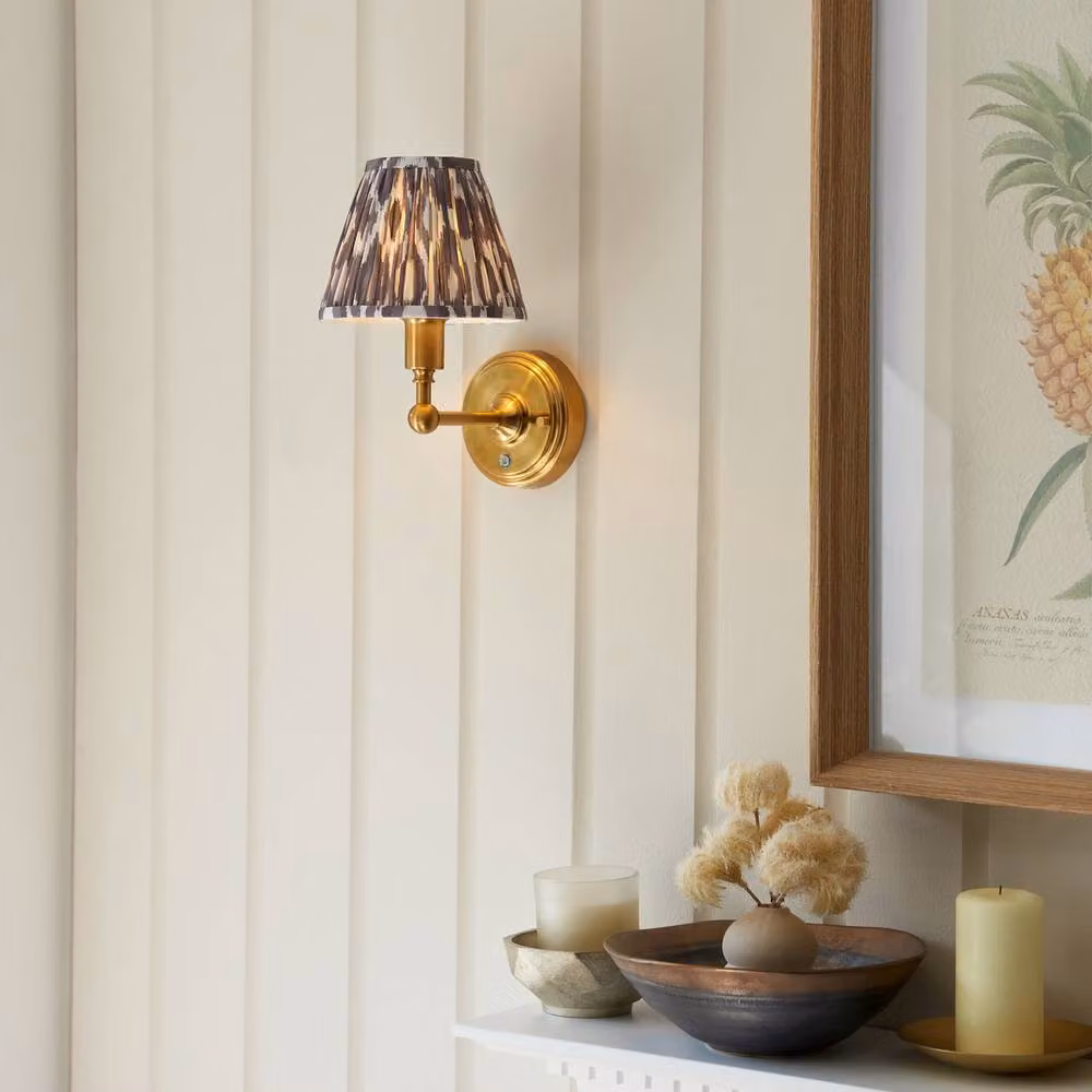 Netlighting Burley Rechargeable LED Wall Light with Grey Fabric Ikat Shade and Gold Finish – 2