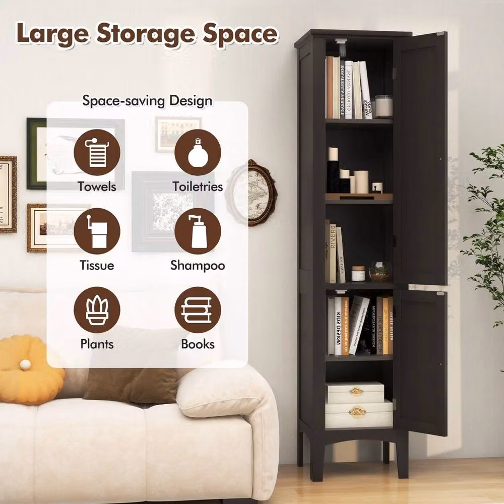 VOGREX 5-Tier Tall Narrow Bathroom Cabinet in Brown and Black with Hinged Doors and Internal Shelves, H 160 cm x W 38 cm x D 2 cm – 4