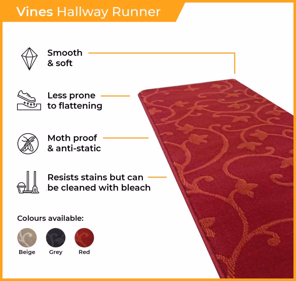 runrug Vines Red Floral Hallway Carpet Runner Rug, W: 60 cm, L: 180 cm – 2
