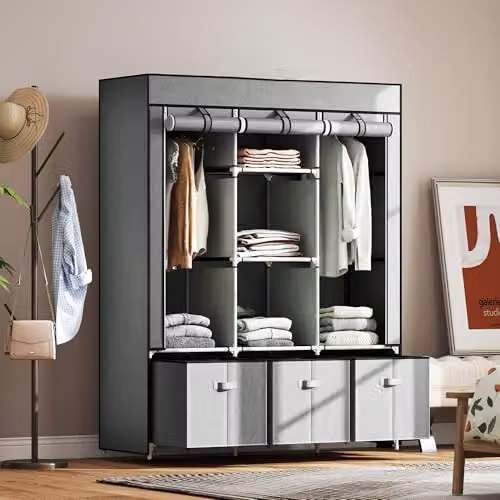 HOMCOM Modern Fabric Wardrobe with Roll Shutter, Hanging Rod, Internal Shelves and Drawers, Grey, W/D/H: 125 x 43 x 162.5 cm – 5