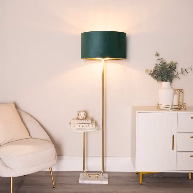 ValueLights Tavel Gold Metal Floor Lamp with Green Velvet Cylinder Shade and Gold Inner Shade