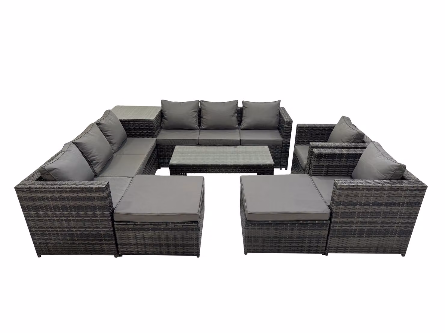 Fimous 10 Seater Dark Grey Rattan Garden Furniture Set with L-Shape Sofa, Coffee Table, Ottoman and Stools – 2