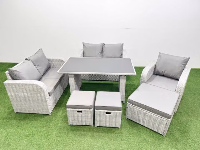 Fimous 8 Seater Outdoor Patio Furniture Set with Love Sofa and 3 Stools in Light Grey