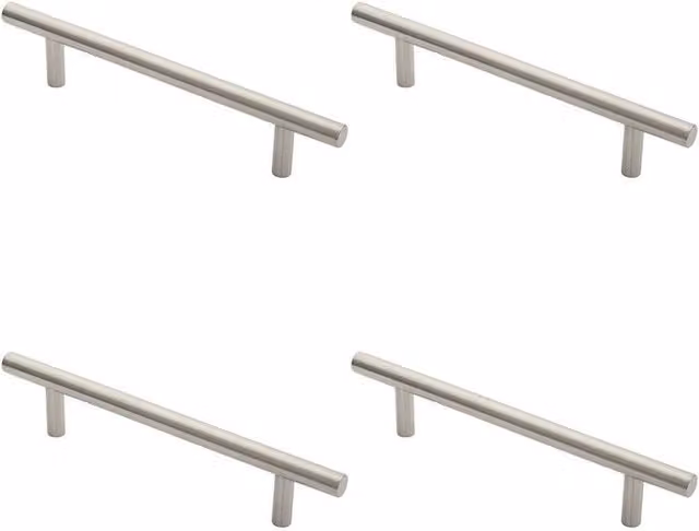 Loops Set of 4 Satin Stainless Steel Straight T Bar Pull Handles, Silver, 225mm Fixing Centres, 19mm Diameter