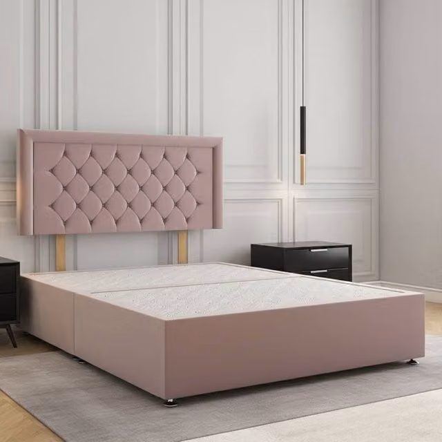 Regional Furnishings Plush Velvet Single Divan Bed Base with 24 Inch Headboard in Pink, W/D/H: 90 x 200 cm