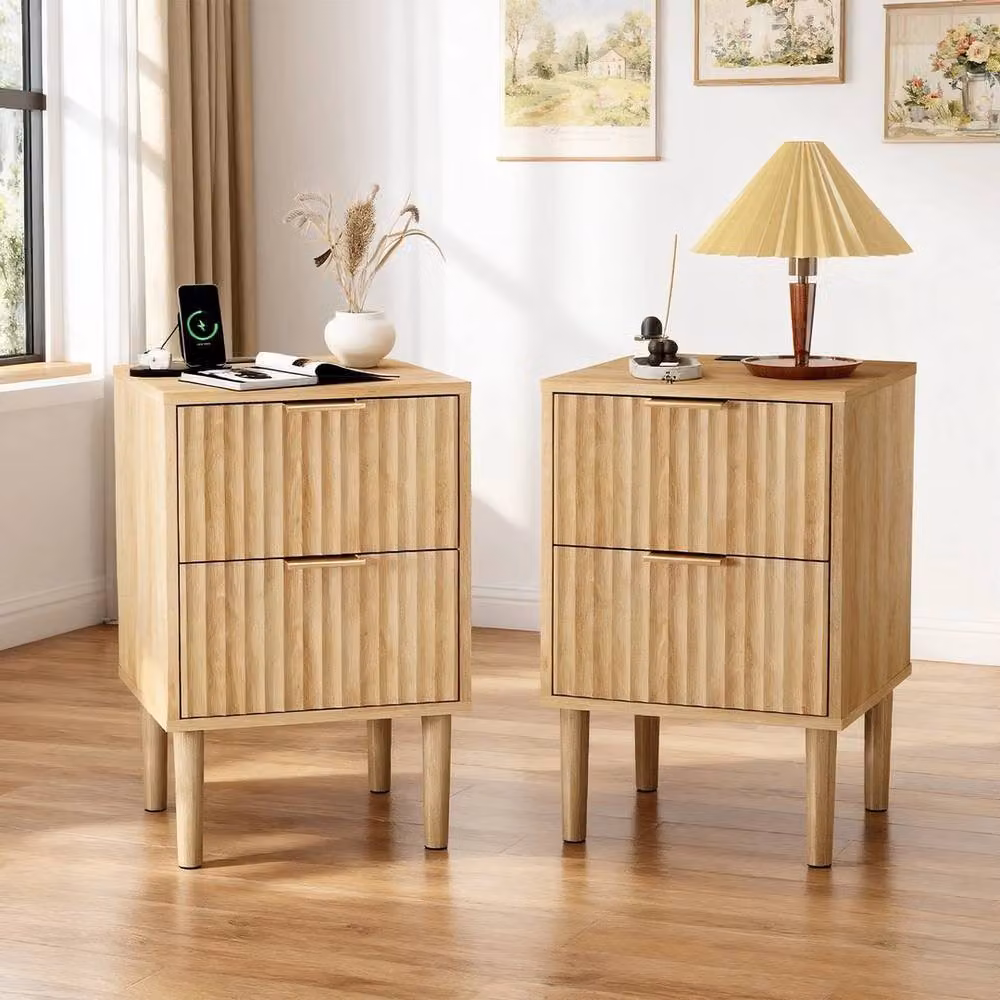 FLAVORA Pair of 2-Drawer Wooden Leg Bedside Cabinets in Light Oak – 2