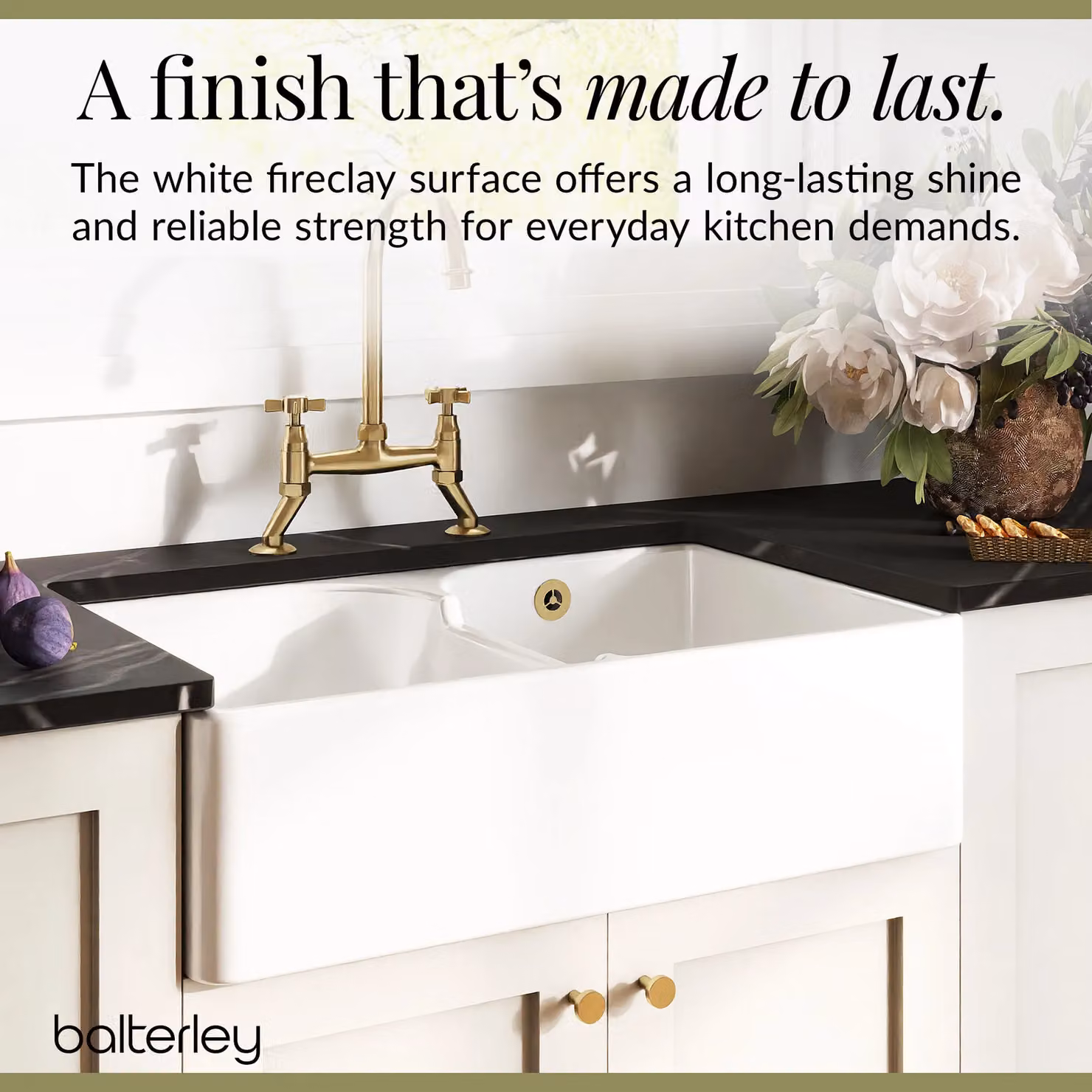 Balterley White Ceramic 2 Bowl Stepped Weir Fireclay Butler Sink with Wastes and Tap, W: 79.5 cm – 3