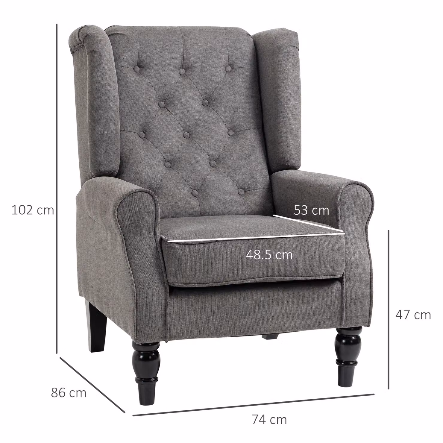 HOMCOM Wingback Occasional Armchair with Solid Wood Frame and Foam Cushion in Dark Grey Linen Fabric – 3
