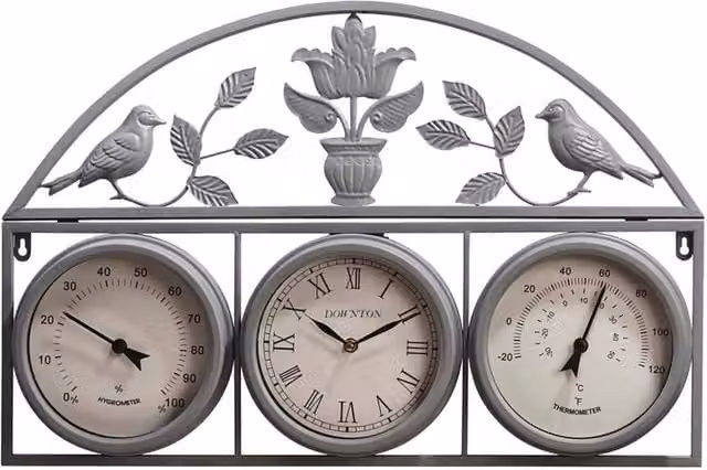 BARGAINS-GALORE Grey Retro Metal Garden Wall Clock and 3-in-1 Weather Station with Thermometer and Hygrometer, Diameter: 67 cm