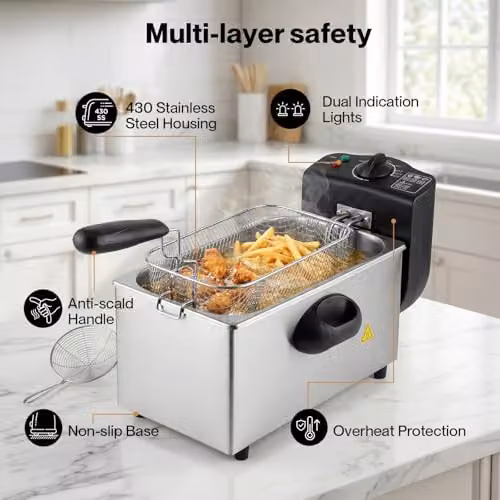 Spector 3L Deep Fat Fryer, 2000W Stainless Steel Electric Chip Fryer in Silver with Adjustable Temperature 90-190°C and Removable Non-Stick Bowl – 4