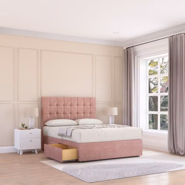 Sloomy Alabama Pink Velvet Small Double Divan Bed Base with Floor Standing Headboard, W/D/H: 120 x 200 cm