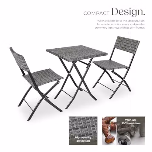 tectake 3 Piece Bistro Set with Foldable Poly Rattan Chairs and Square Table in Grey – 5