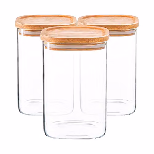 Argon Tableware Set of 3 Square Glass Storage Jars with Airtight Wooden Lids, 1.1 l, Transparent