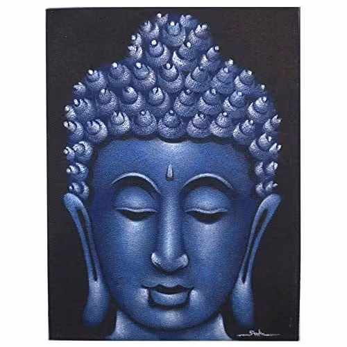 Beespoke Gifts Buddha Painting in Blue Sand Finish, Portrait Canvas Art