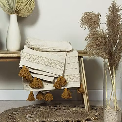 Riva Home Boho Geometric Cotton Tufted Throw in Ochre Yellow, W: 130 cm, D: 180 cm – 3
