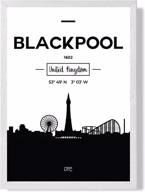 ARTZE Blackpool Black and White City Skyline Framed Print with White Frame