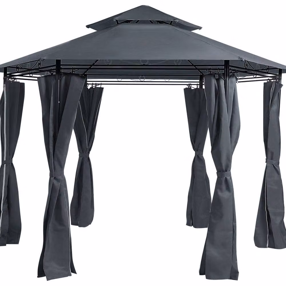 Wyld and Coco Hexagonal Garden Gazebo with Black Steel Frame and Dark Grey UV Resistant Polyester Canopy – 2
