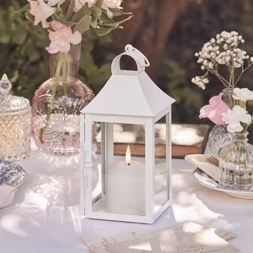 Lights4fun Albury White Metal Decorative Garden Lantern with TruGlow Flicker Effect Candle, Height: 25 cm – 3