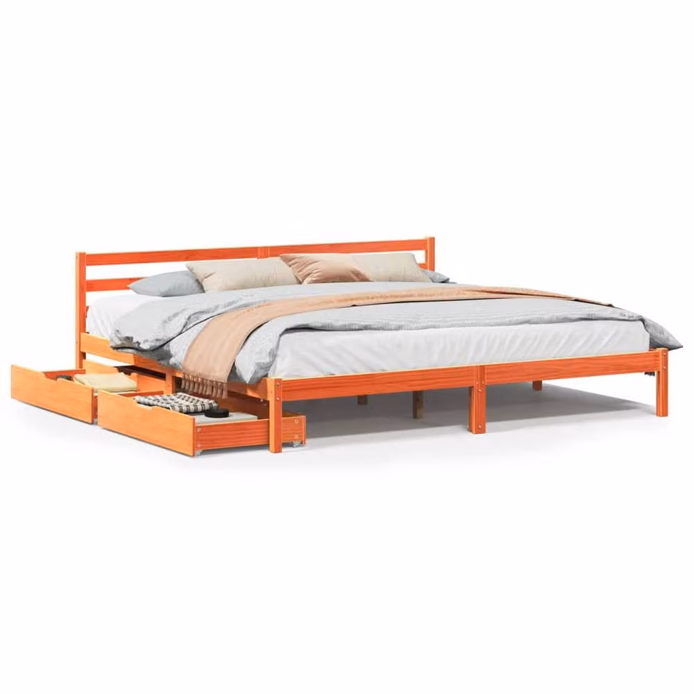 Berkfield Home Rustic Solid Wood Pine Bed Frame with Drawers, Wax Brown, 200 x 200 cm – 2