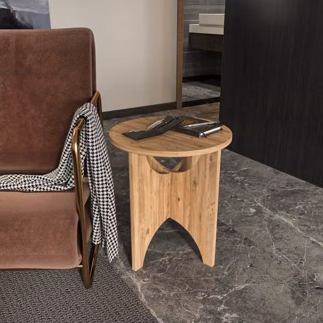Decorotika Modern Round Wood Side Table in Brown with X-Frame Design