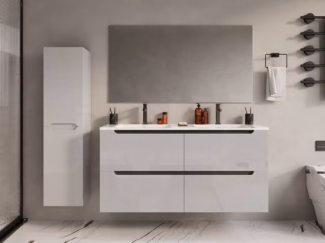 Vente-unique Modern White Lacquered Suspended Bathroom Vanity Unit and Tall Cabinet with Double Built-in Stone Basins, W/D/H: 120 x 46 x 57 cm