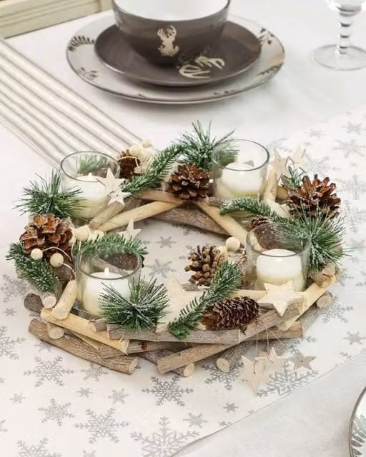 Dibor Nordic Scandinavian Christmas Wreath Tealight Holder in Brown and Sand, Diameter: 30 cm