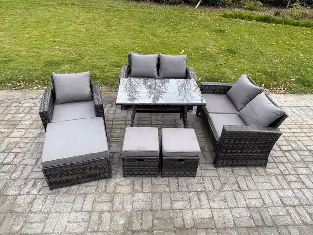 Fimous 8 Seater Garden Dining Set with Rectangular Table and Double Seat Sofa in Dark Grey PE Rattan