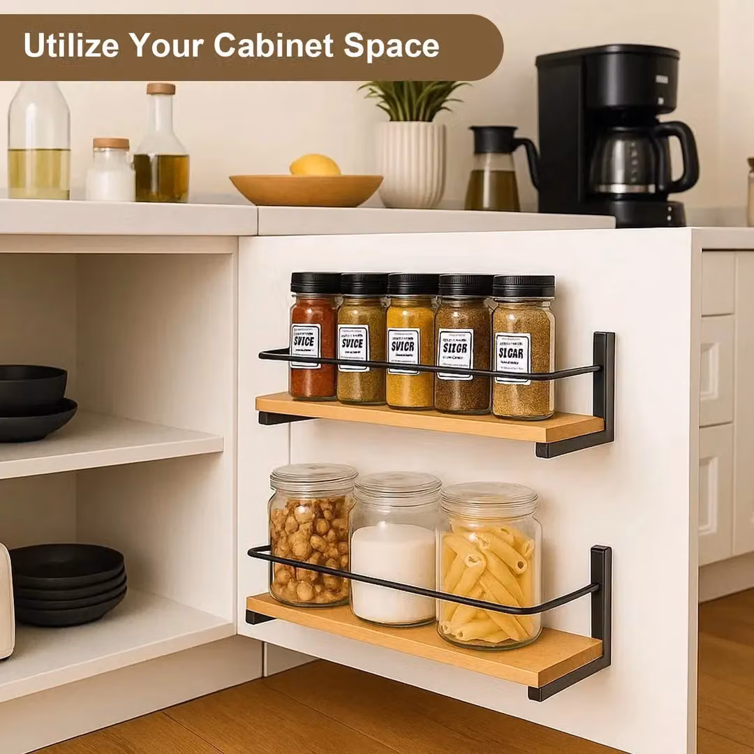 Hinsinc 2-Pack Brown Wooden Wall Mounted Kitchen Spice Racks, W/D/H: 40 x 9 x 7 cm – 7