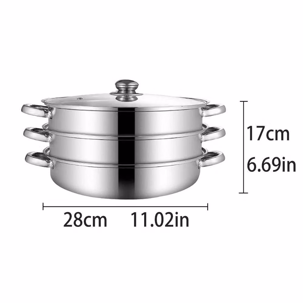 VOGREX 3-Tier Stainless Steel Steamer Pan with Glass Lid, Silver, 28 cm – 2