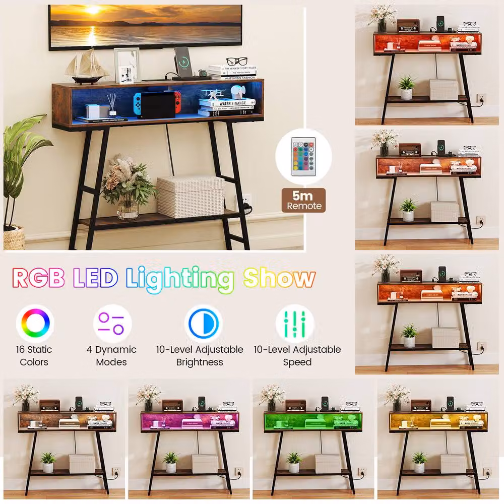 Costway 3-Tier Industrial Console Table with LED Light in Brown – 5