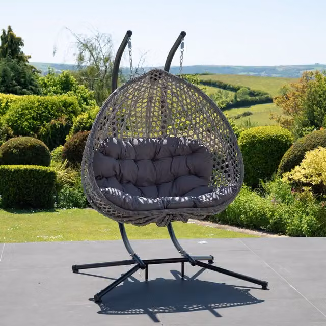 Artemis Home Alston Double Garden Hanging Egg Chair in Dark Grey Polyrattan with Cushions