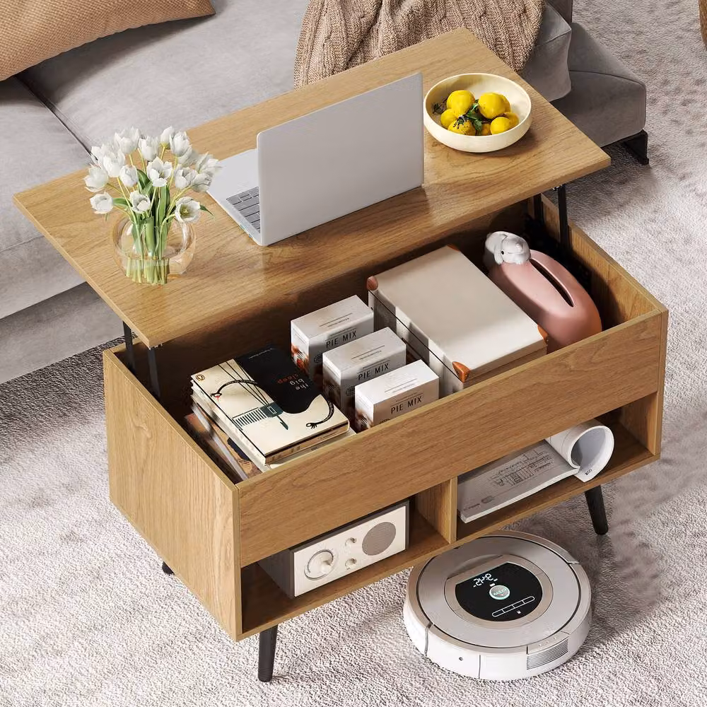 Gymax Mid-Century Rectangular Lift Top Coffee Table with Metal Legs and Shelves in Light Khaki – 4