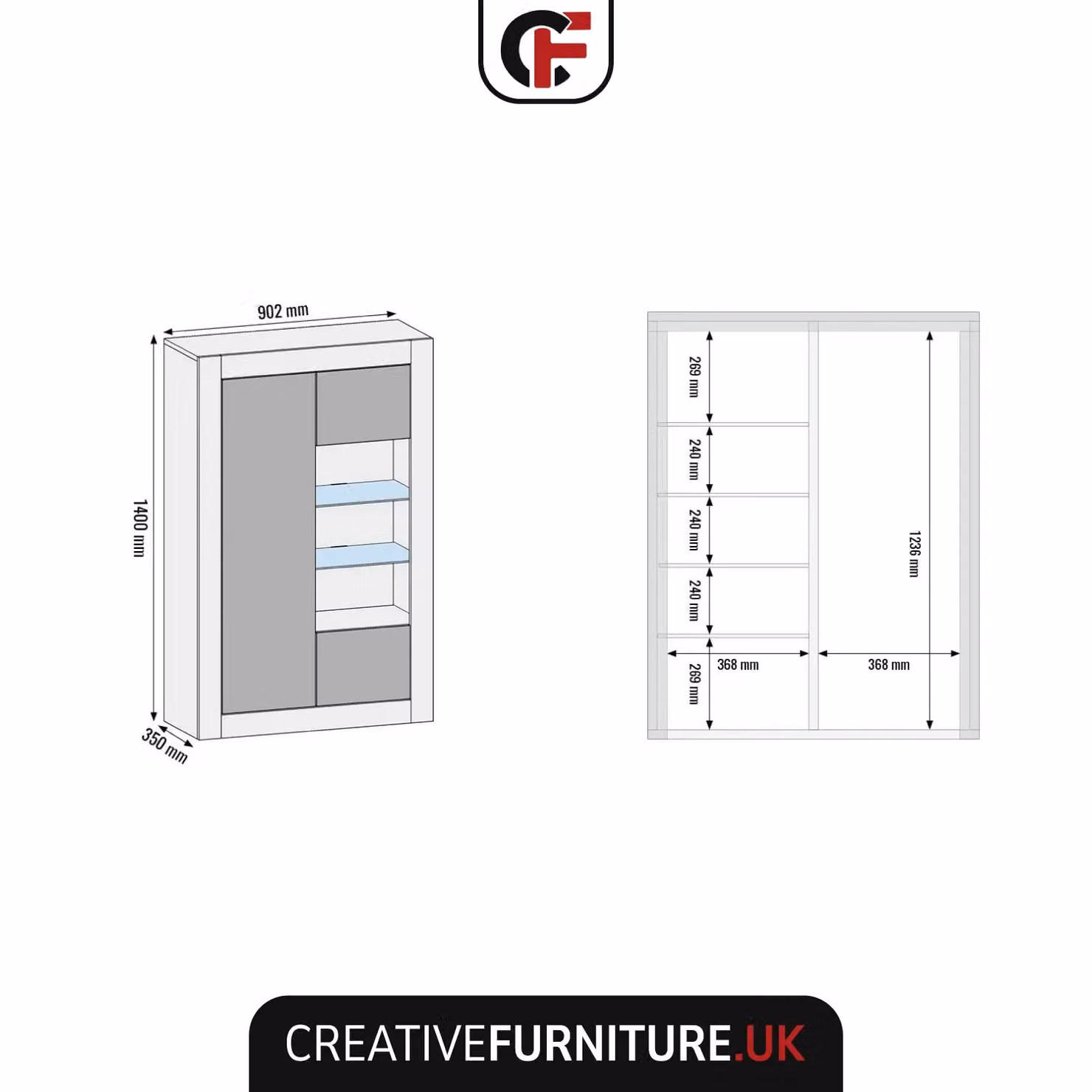 Creative Furniture Arcadia Modern Glossy Grey Display Cabinet with Glass Doors and Integrated Lighting W: 140 cm, H: 93 cm, D: 35 cm – 4