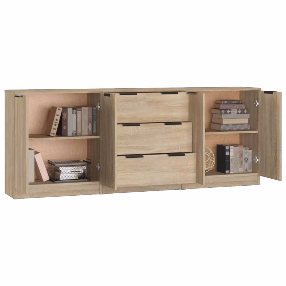 Berkfield Home 3 Piece Sonoma Oak Sideboard Set in Light Tan Beige – 2