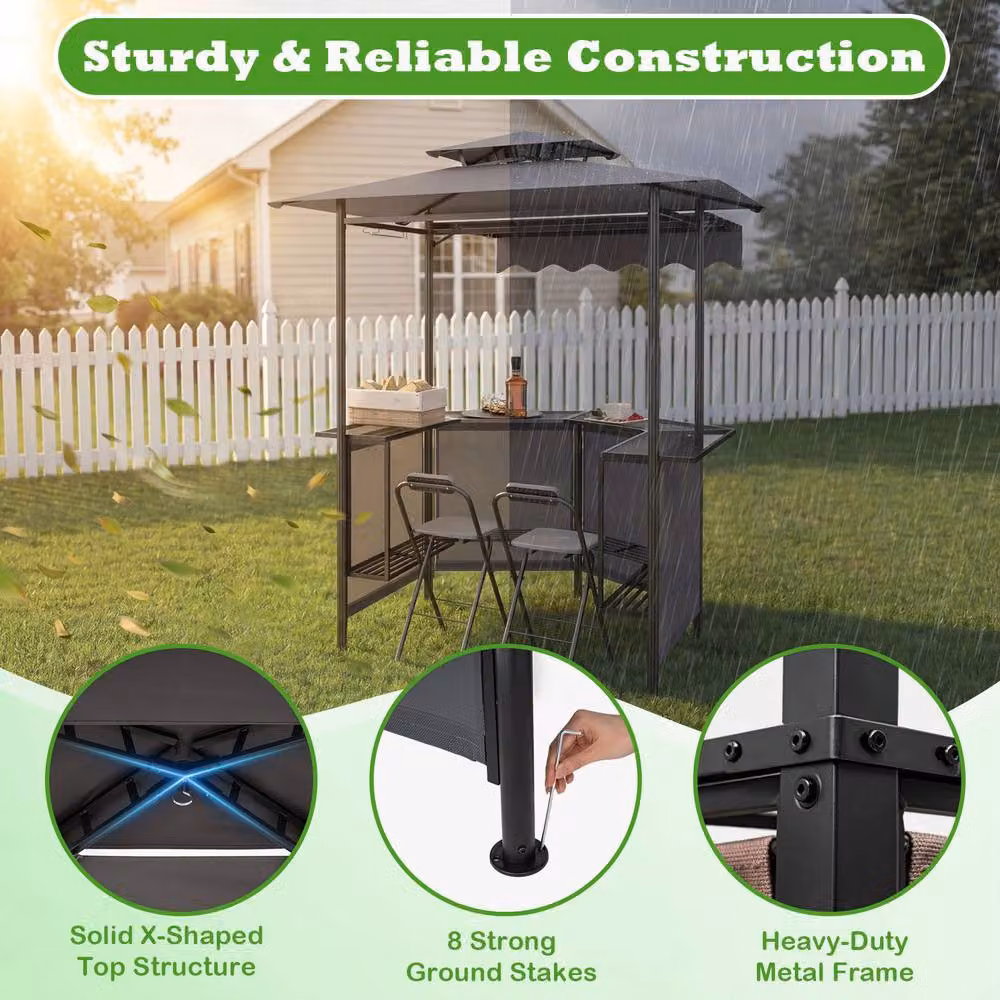 Gymax Outdoor Bar Set Including Grill Gazebo, Bar Table and 2 Folding Bar Stools in Grey – 8
